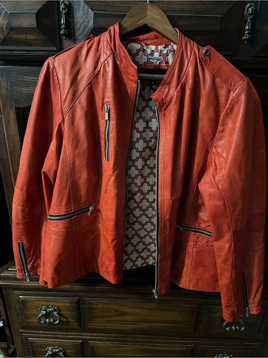 Women\'s Orange Leather Zipper Jacket